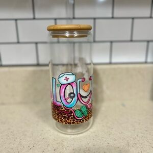 20 OZ “LOVE” Nurse. Colorful Glass Jar with Bamboo Lid and straw
